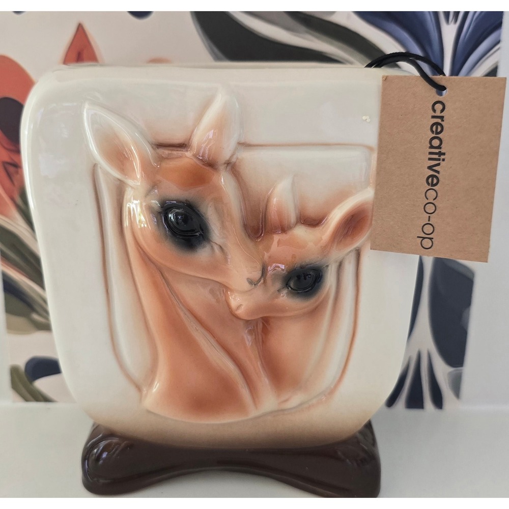 Creative Co-Op White Brown Embossed Deer Stoneware Planter‎ Vase XT0400 NEW